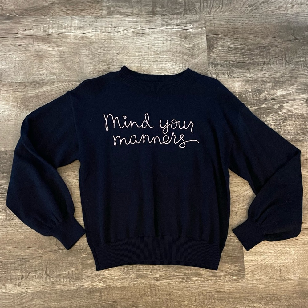 Myka Meier navy mind your manners sweater size medium